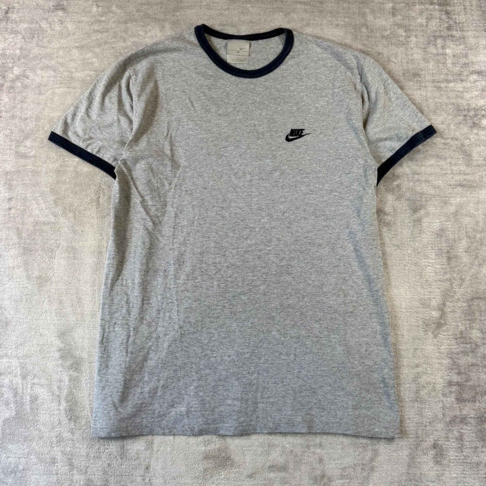 Nike Shirt Mens Medium Gray Ringer Embroidered Vintage Y2K Logo Athletic